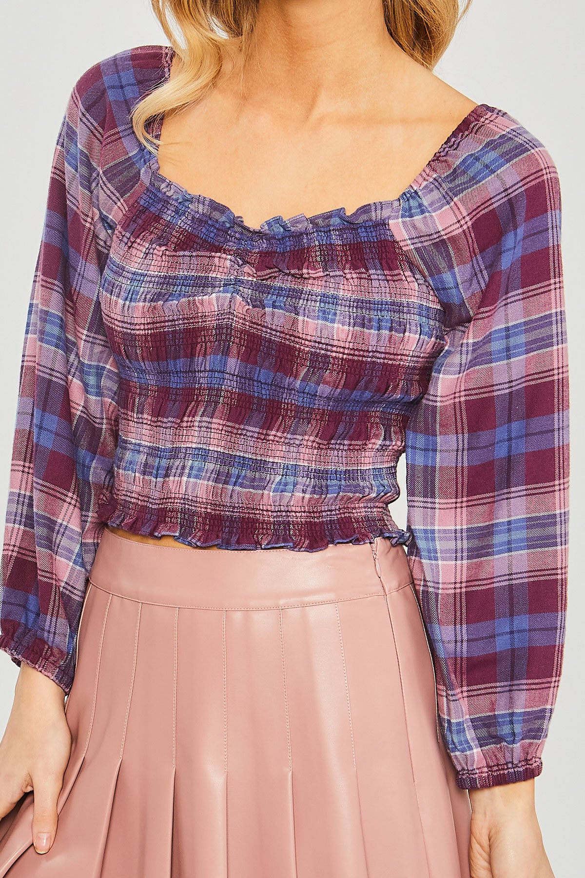 Smocked Plaid Long Sleeve Blouse - 2 Colors